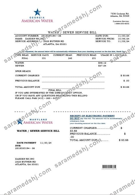 USA Maryland Georgia Water business utility bill template in Word and PDF formats